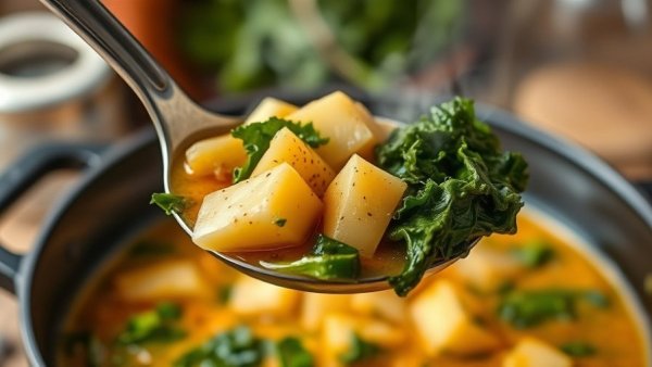 Healthy Zuppa Toscana soup with potatoes and kale in a ladle.