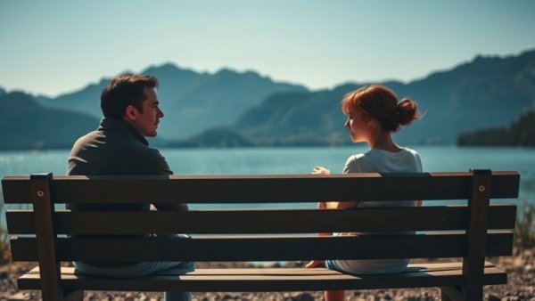Two people conversing on a lakeside bench, showcasing the power of positive self-talk.