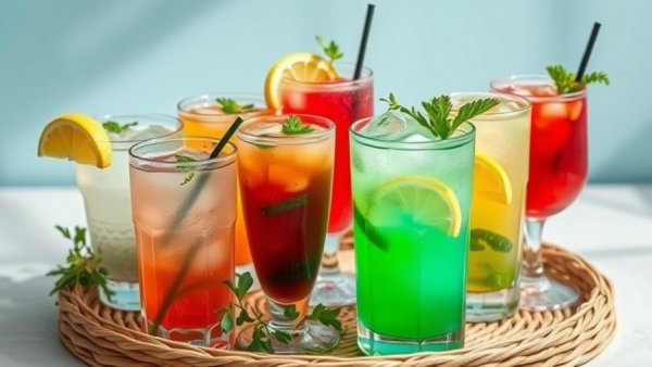 Colorful spring mocktails with citrus and herbs on wicker tray.