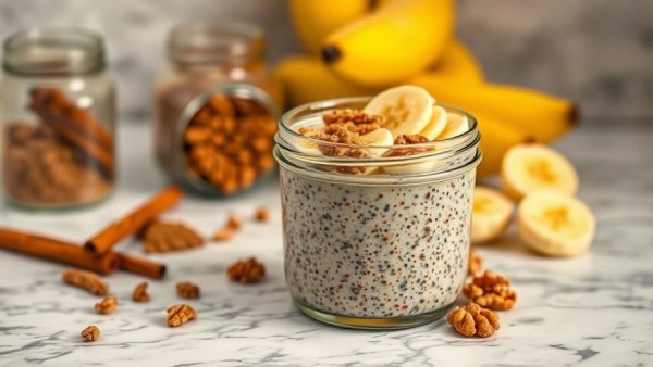 Banana Chia Pudding in glass jar with banana slices and walnuts.