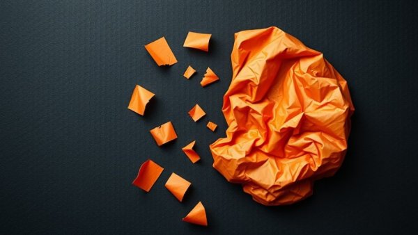 Orange paper brain disintegrating on dark background symbolizing memories in the brain.