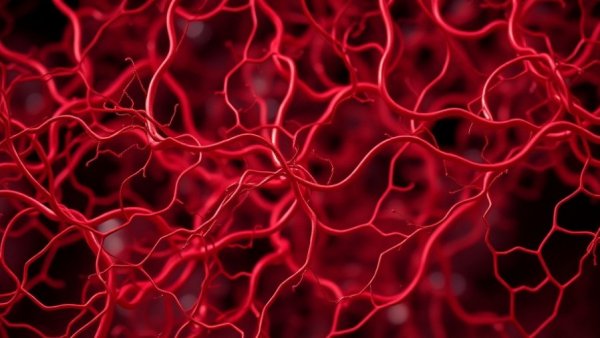 Intricate network of red arteries, zinc protects arteries from aging, macro view.