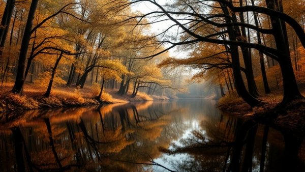 Serene forest landscape reflecting in a calm river, being not doing.