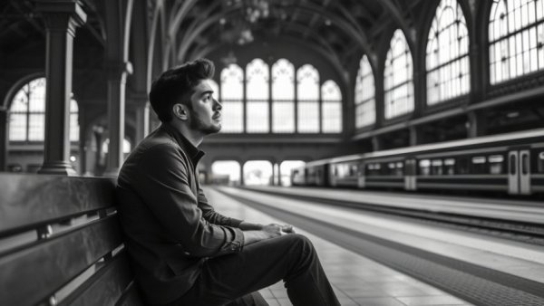 Young man at train station contemplating mindfulness.