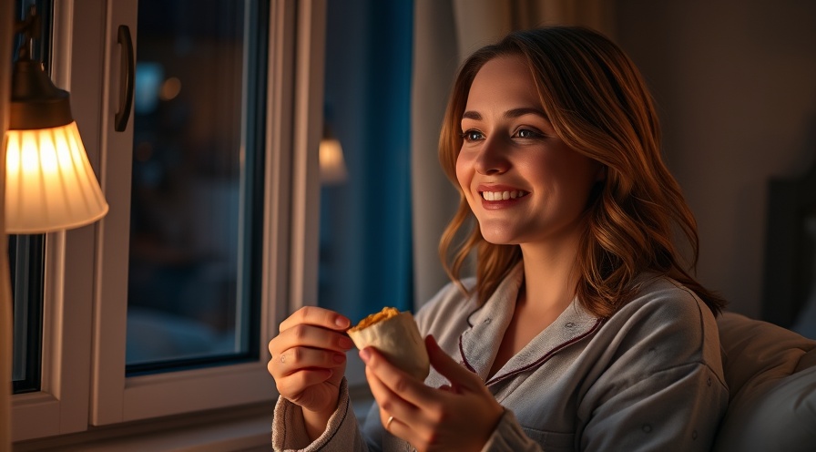 Relaxed woman enjoying bedtime snacks by a softly-lit window for cravings control.