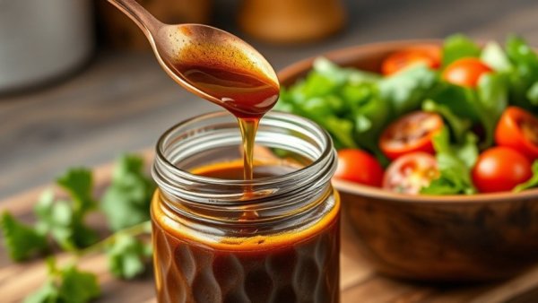 Honey balsamic dressing being drizzled from spoon into glass jar by fresh salad.