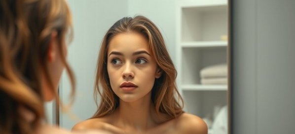 Young woman contemplating her sensitive skin in bathroom mirror.