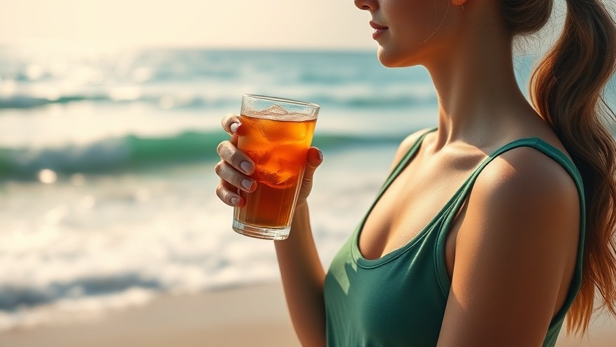 Young woman in green tank top practicing mindfulness with iced tea overlooking the ocean.