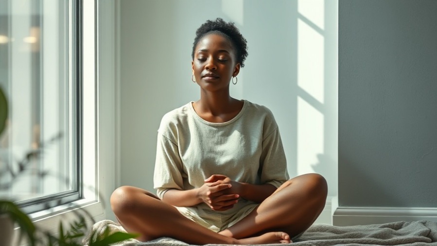 A young black woman practicing mindfulness meditation, radiating serenity and self-care.
