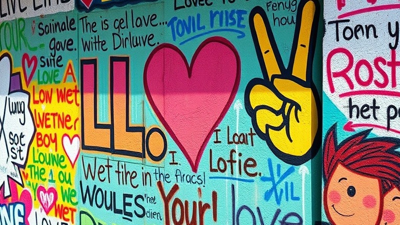 Graffiti wall with peace heart and messages, showcasing holistic truth.