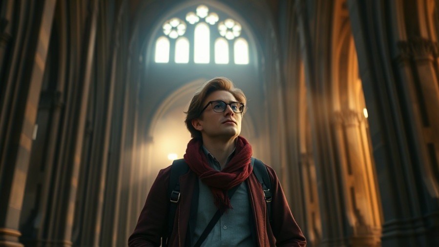 Stylish traveler in medieval town, enchanted by gothic arches in soft morning light.