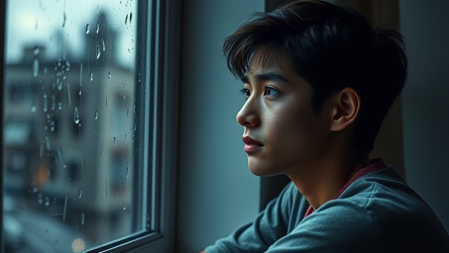 Thoughtful young adult reflecting on self-awareness by a rainy window.