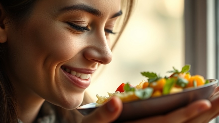 Close-up of a smiling person savoring food, embodying anticipation and flavor experience.
