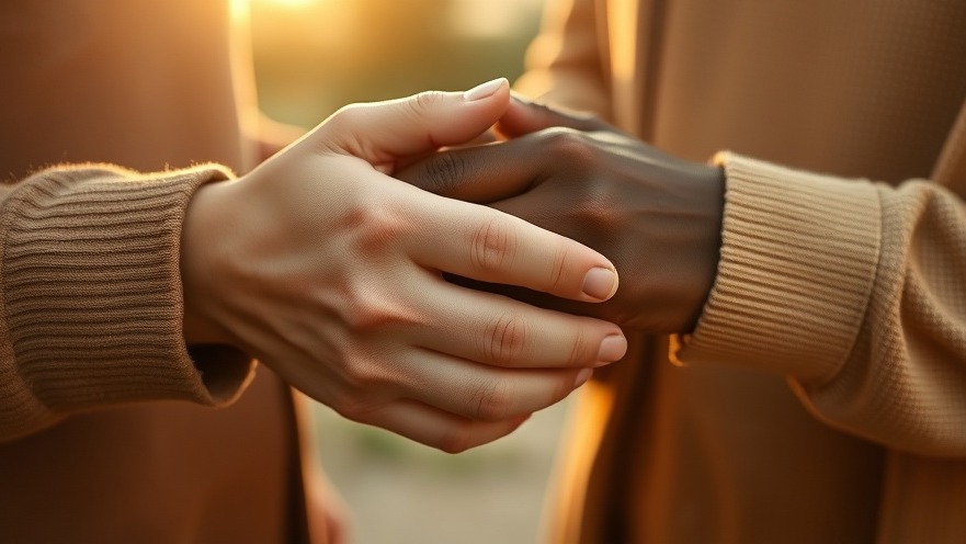 Close-up of diverse hands clasping, symbolizing the power of touch and emotional healing.
