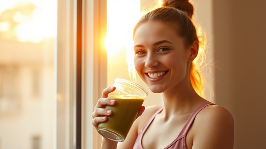 Joyful woman enjoying a smoothie, showcasing superfood benefits at sunrise.