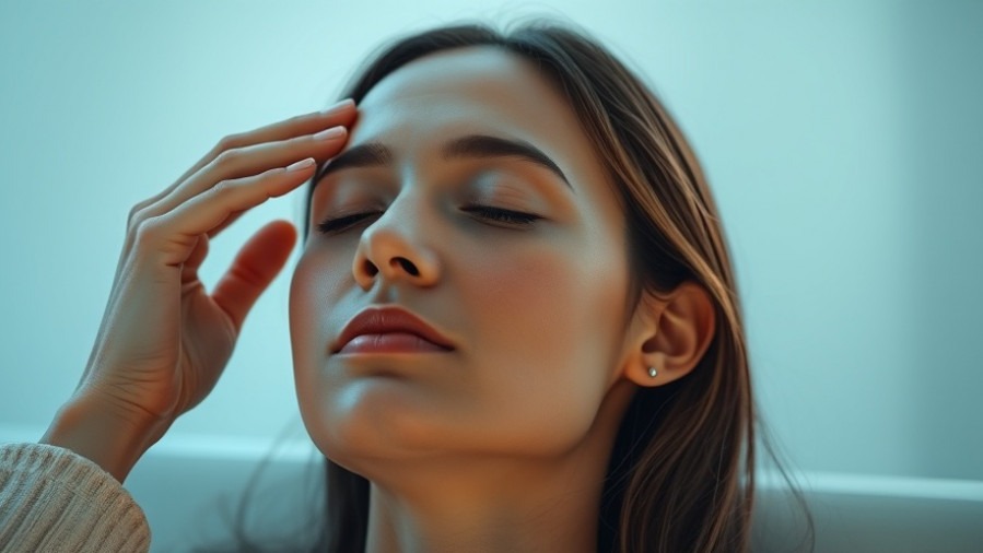 Close-up of a serene person practicing stress management, hands on temples.