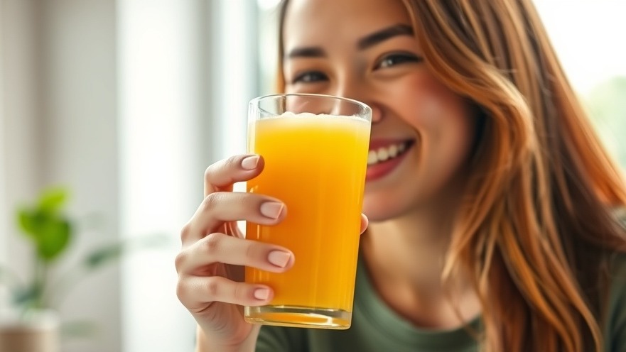 Joyful young adult with a light orange beverage celebrating turmeric benefits and anti-inflammatory blend.