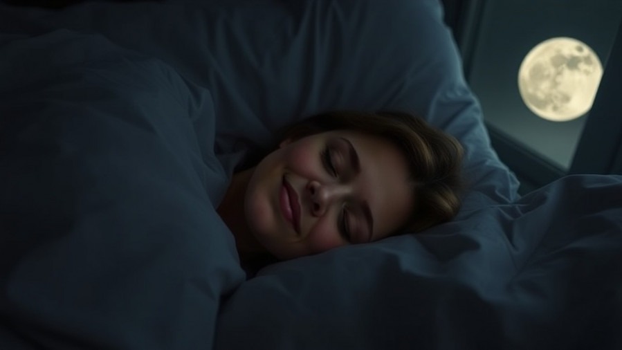 Calm woman in bed practicing sleep techniques, serene smile in soft moonlight.