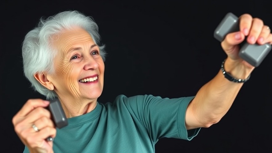 Elderly woman smiling while exercising with a dumbbell, showcasing brain aging benefits.