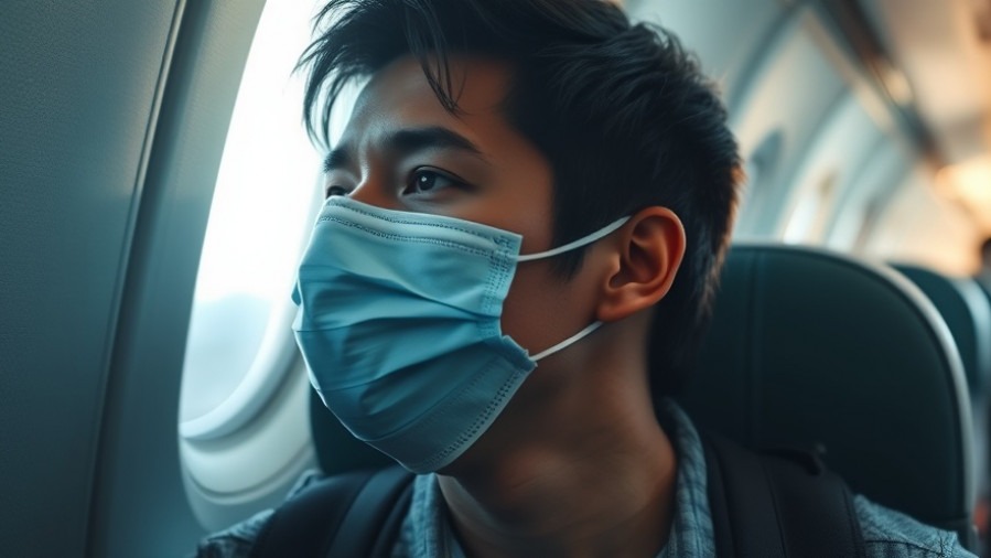 Concerned traveler with a mask gazing at airplane window, highlighting airborne microbes impact on health.