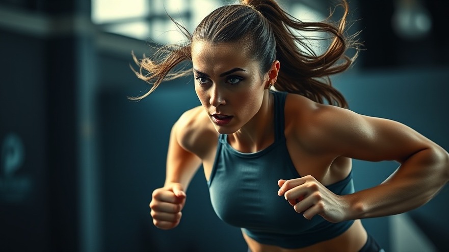Athletic woman sprinting in dynamic gym, showcasing high-intensity interval training.