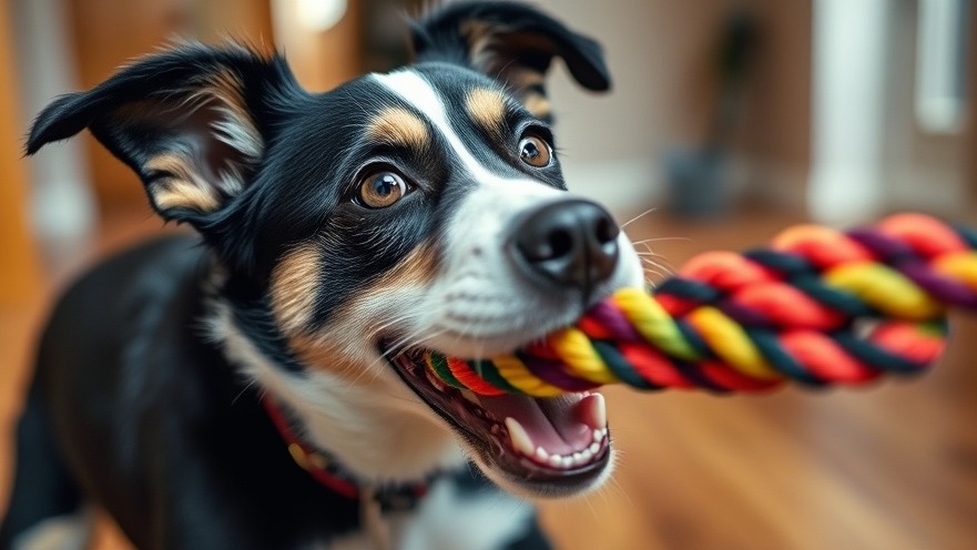 Playful black and white dog showcasing canine cognition while holding a colorful rope toy.