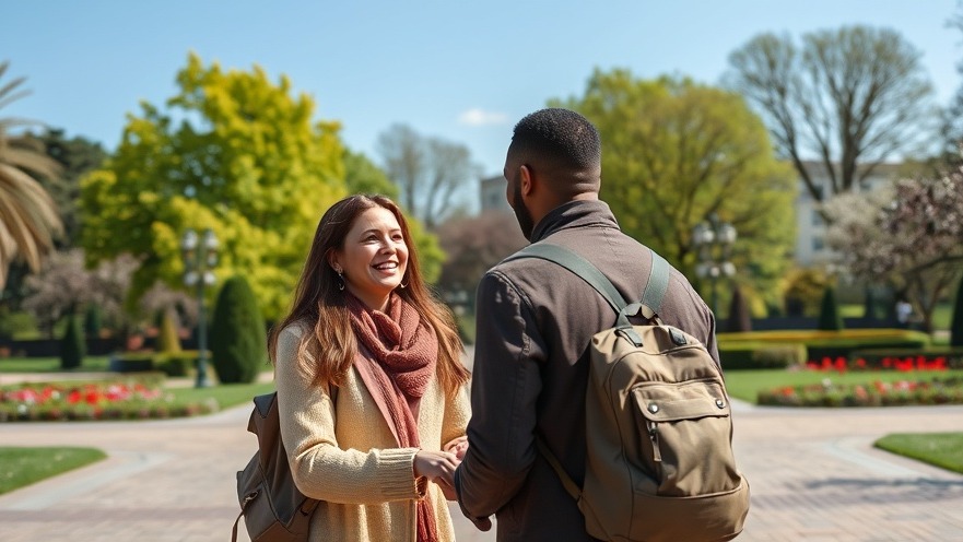 Two strangers greet each other in a park, showcasing kindness benefits for community wellness.