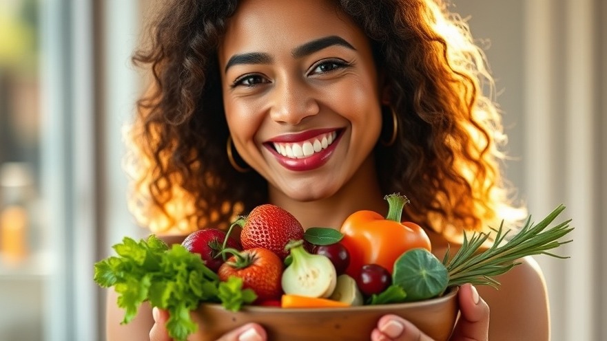 Joyful woman with glowing skin holds antioxidant-rich fruits and veggies for healthy skin nutrition.