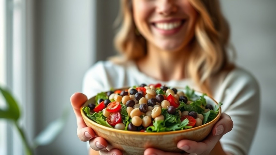 Happy woman presenting a healthy salad, a nutritious meal with black-eyed peas.