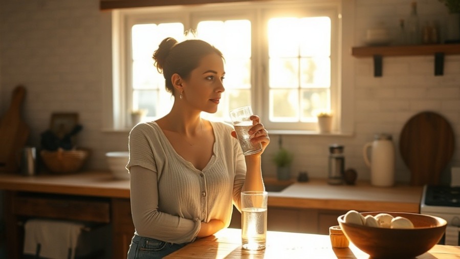 Woman practicing mindfulness techniques in a sunlit rustic kitchen.