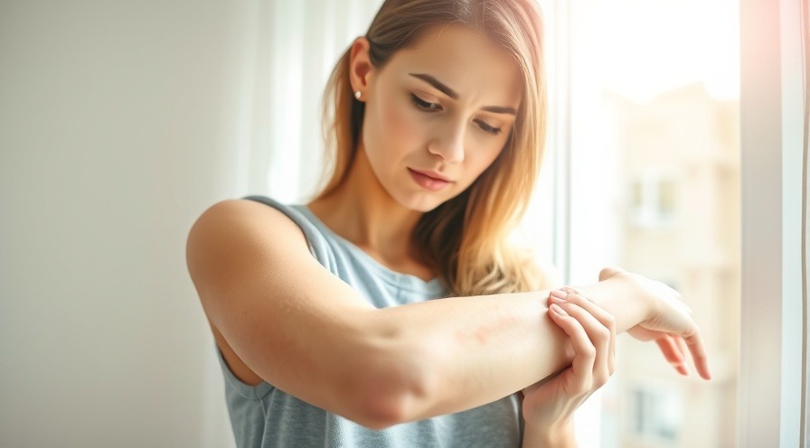 Woman examining sun allergy symptoms on her arm with concern in soft sunlight.