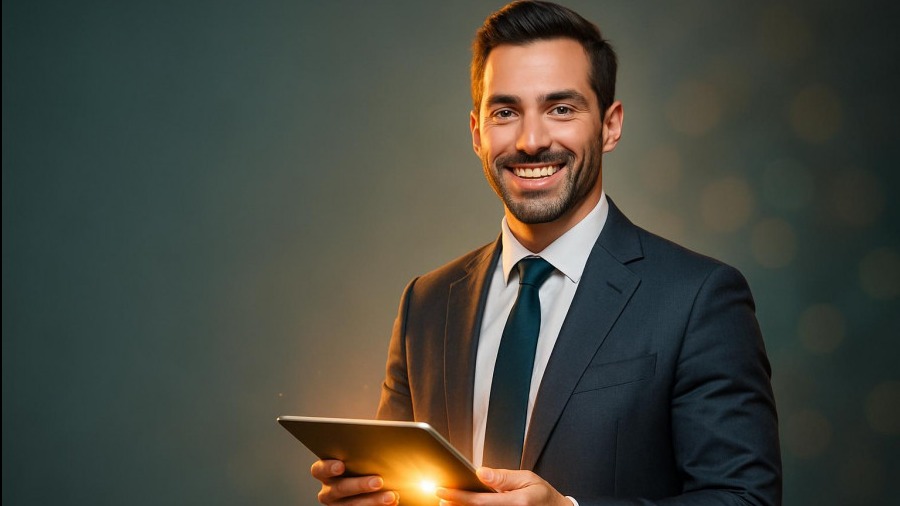 Confident business professional with a glowing tablet, vibrant energy, photorealistic style.