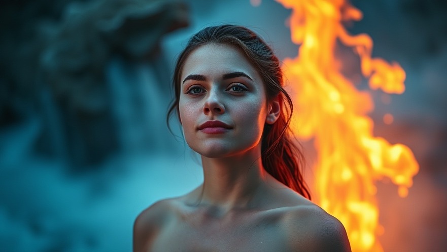 Serene person enjoying temperature therapy, embodying holistic wellness with icy mist and warm flames.