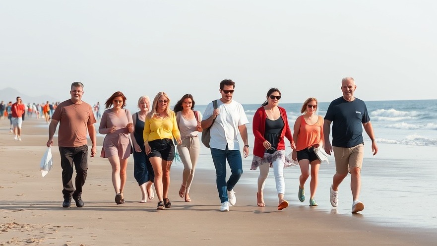 Diverse walkers on the beach promoting inflammation management and healthy aging.
