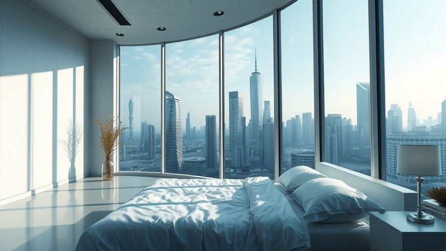 Futuristic bedroom with city skyline, embodying longevity and rejuvenation biotechnology.