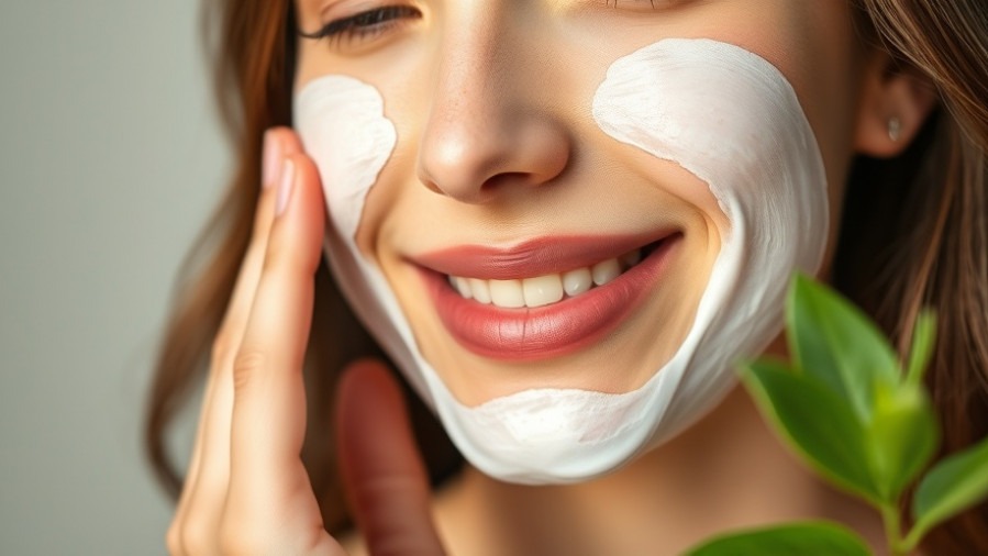 Smiling woman applying a natural skincare mask with plant ingredients, soft lighting.