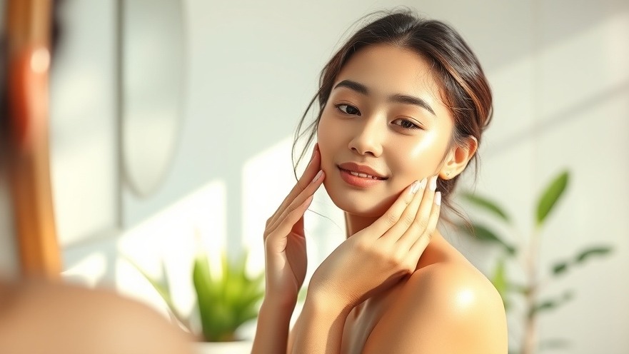 Woman admiring skin in mirror, highlighting skin barrier repair ingredients.