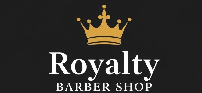 Royalty Barber Shop logo in gold and white on a black background.