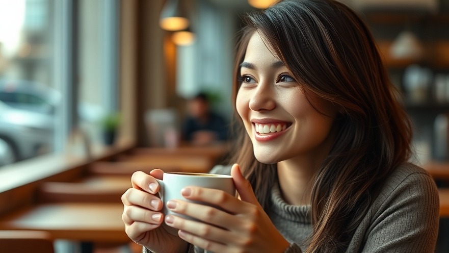 Delighted person savoring coffee in a modern café, soft morning light.