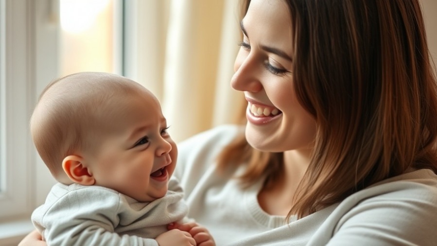 Smiling parent and baby engage in infant-directed speech at home.