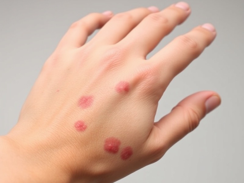 Scabies detection on hand with red inflamed patches