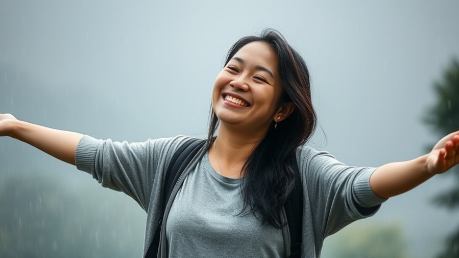 A person in light rain, arms open, embodying acceptance and resilience on a wellness journey.