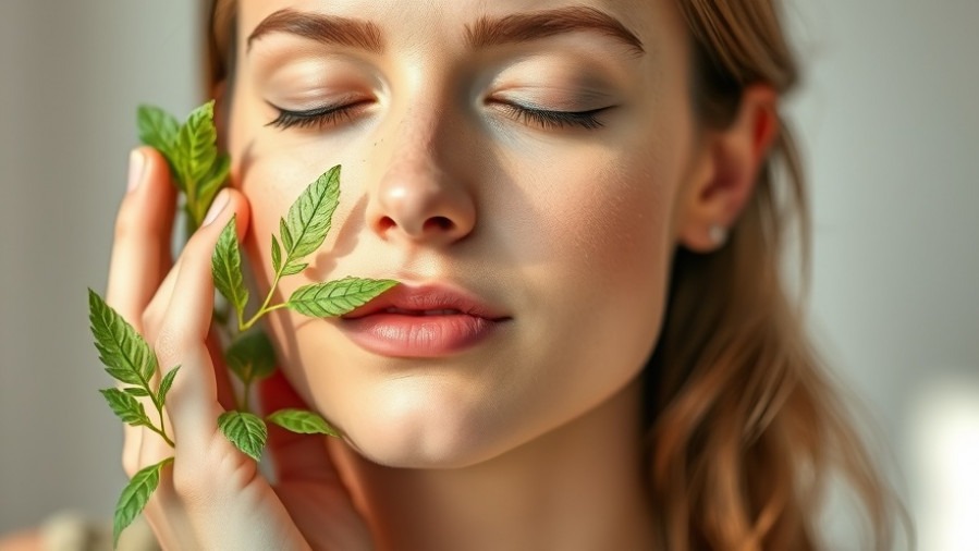 Woman peacefully holds fresh soothing herbs close to her face in natural light.