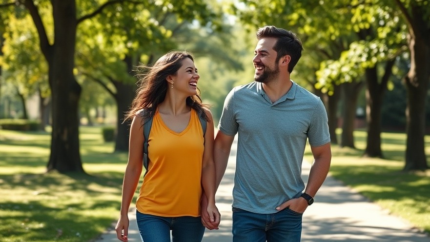 Joyful couple walking for health in a sunny park, enjoying daily exercise and fitness benefits.