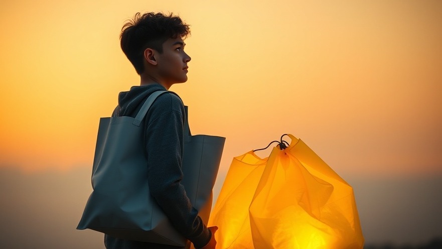 A young adult practicing mindfulness, gently setting down glowing bags during golden hour.