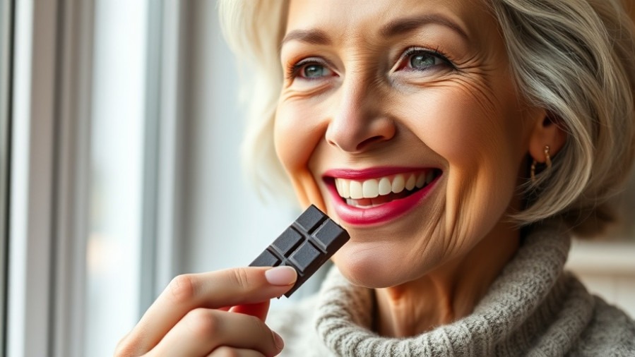 Smiling mature woman enjoying dark chocolate; exploring biological aging and health benefits.