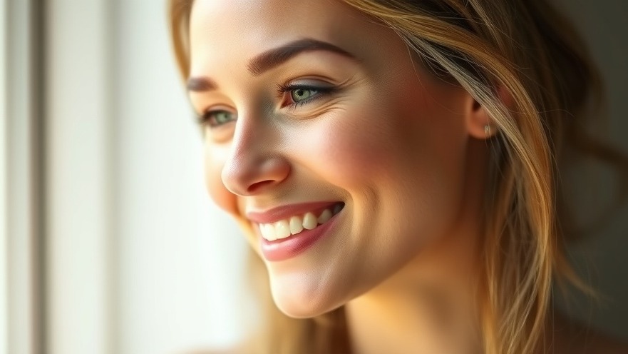 Radiant woman showcasing hybrid cosmetics for holistic beauty in soft morning light.