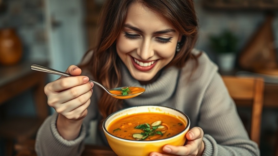 Cheerful woman enjoying healthy soup, embodying winter comfort food.
