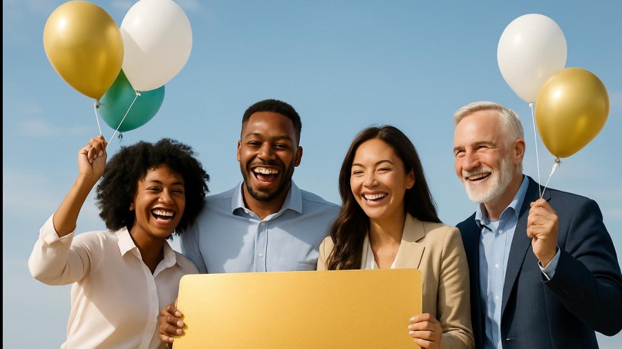 Cheerful diverse business owners celebrating with a golden voucher and balloons.