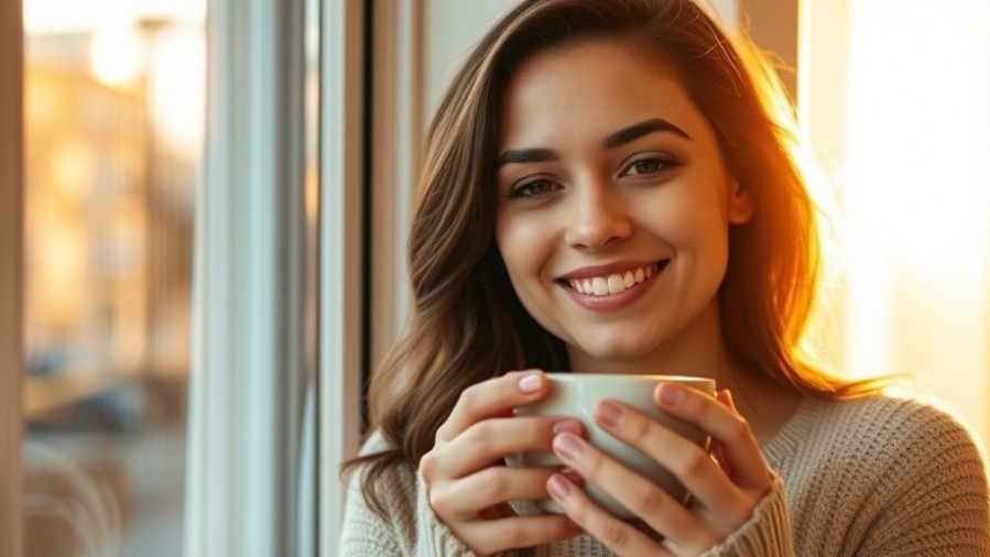 Woman in serene morning routine, holding a cup, radiating gratitude and happiness.